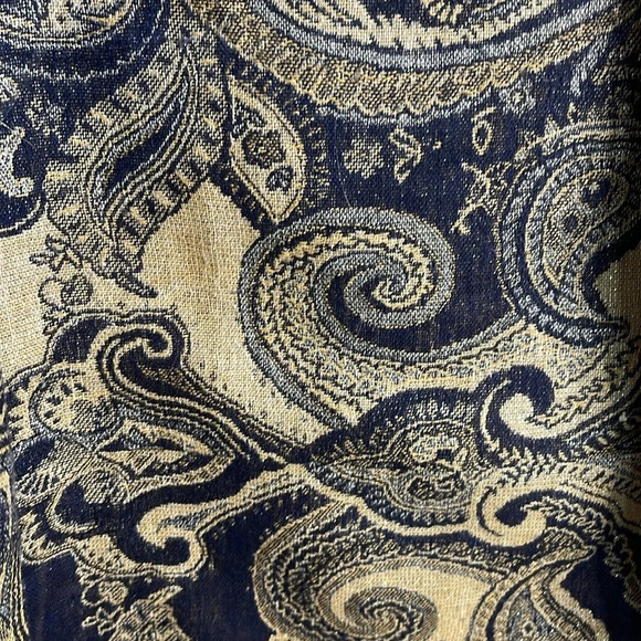 VINTAGE Paisley Print Gold Navy Metallic Fringed Rectangular Scarf Wool Feel - Picture 3 of 7